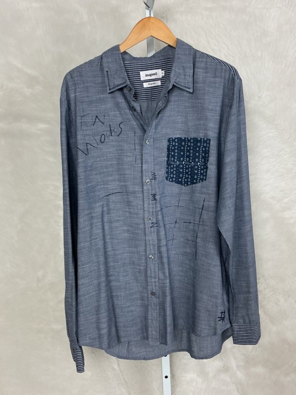Desigual Men's Blue Striped Cotton Stiped Shirt Embroidered Fun Works XXL